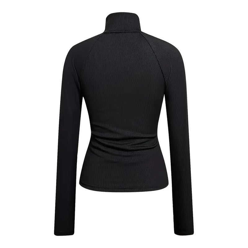 Women's Solid Color Ribbed Turtleneck Top, Half-Zip Long Sleeve Knit Shirt For Autumn