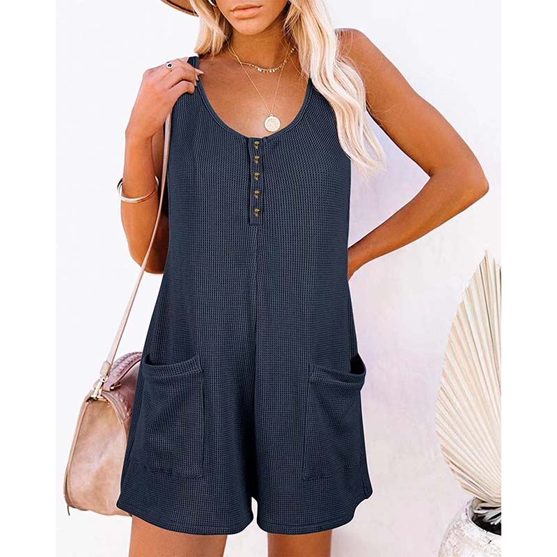 Women's Button Front Romper Jumpsuit With Pockets Casual Solid Color Sleeveless Summer Jumpsuit