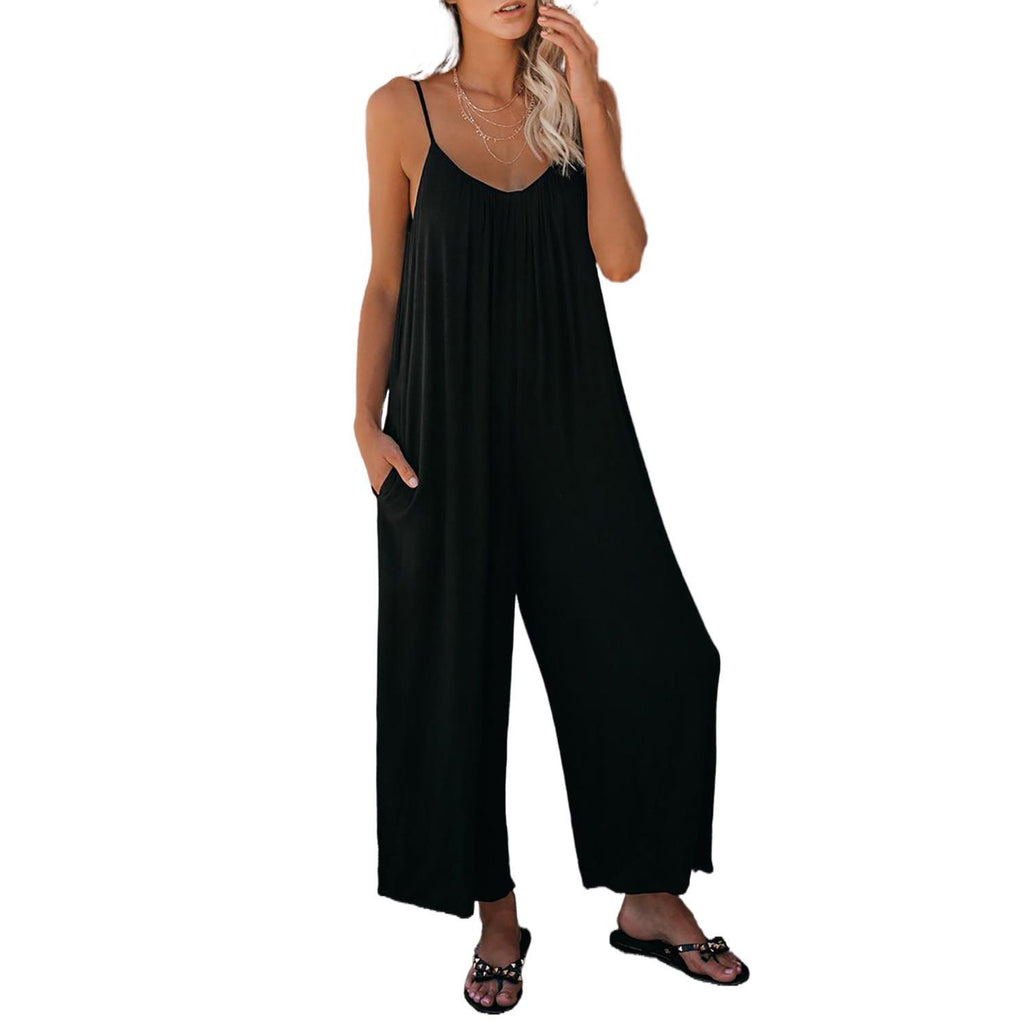 Women's Fashion Solid Color Pocket Loose Casual Sling Jumpsuit
