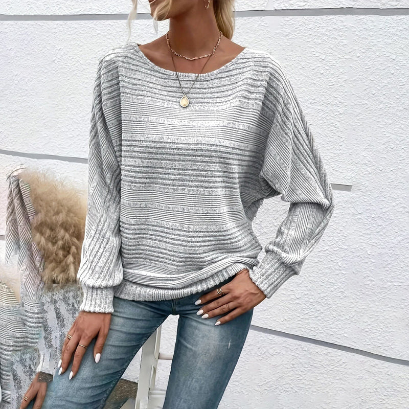 Women's Textured Round Neck Long Sleeve Top - Casual Solid Pullover For Spring & Fall