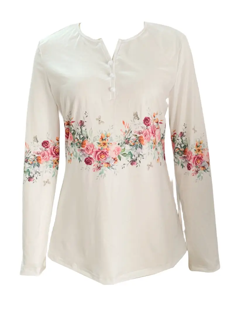 Spring And Autumn New Style White Buttoned Rose Print Long Sleeve T-shirt Casual Top