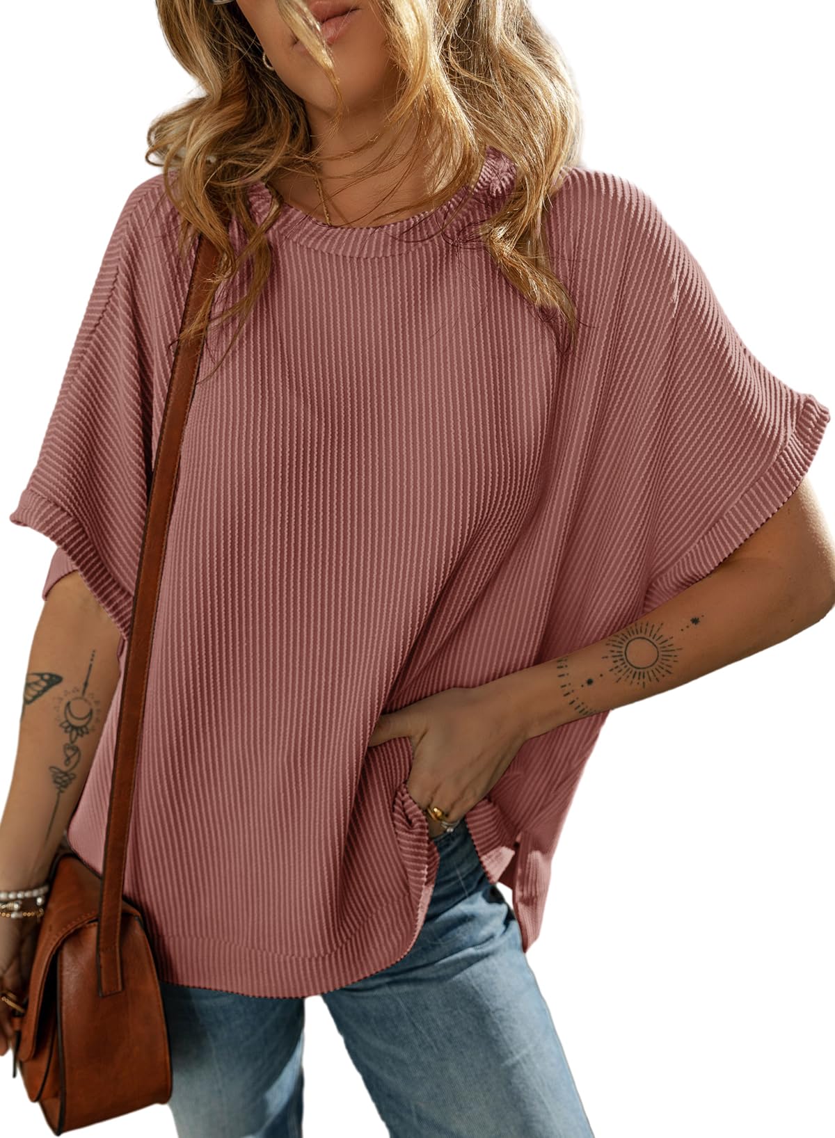 Women's Solid Color Knitted T-shirt Loose Casual Pullover