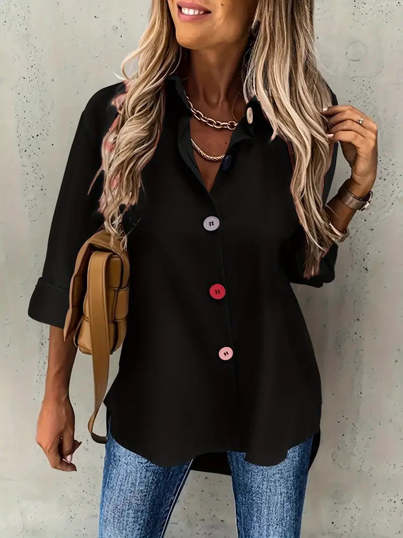 Casual Women's Solid Color Buttons Long Sleeve Shirt Top