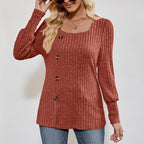 Women's Square Neck Tunic Top - Loose Fit Side Slit Long Sleeve Blouse With Button Decor