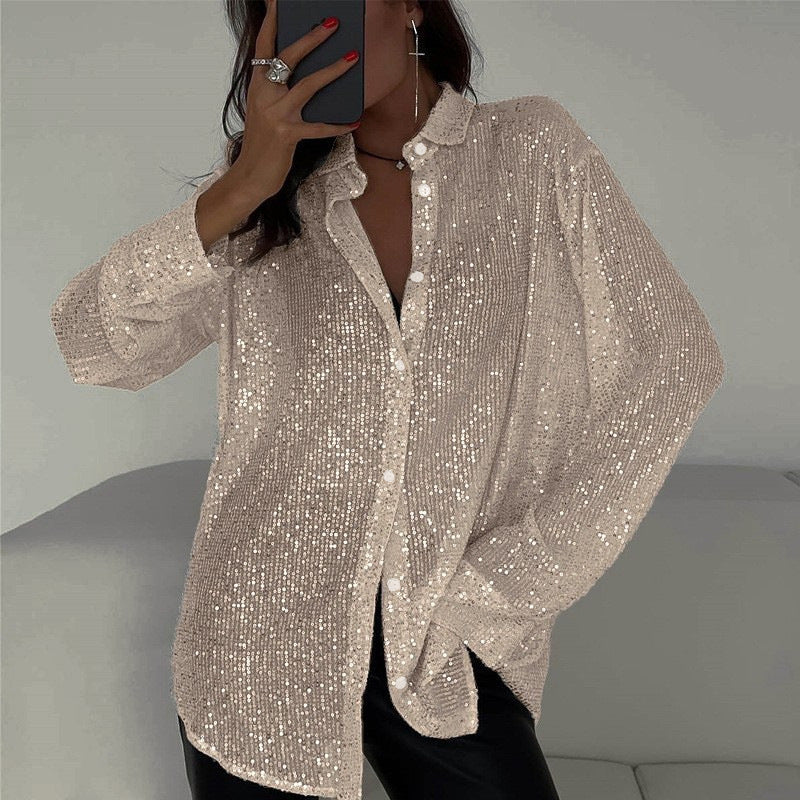 Sequin Lapel Long Sleeve Shirt