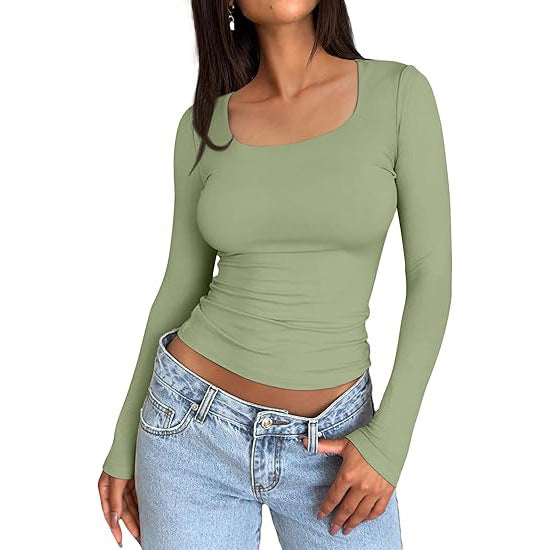 Solid Color Double Layer Square Collar Slimming Sexy Long Sleeve Women's T-shirt