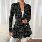 Elegant Women's Plaid Double-Breasted Blazer, Notch Lapel Long Sleeve Tweed Jacket For Office And Casual Wear