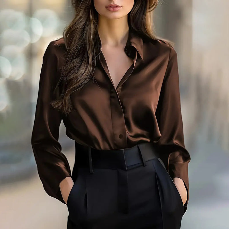 Elegant Women's Solid Color Lapel Shirt Long Sleeve Button-Down Blouse For Office And Formal Wear