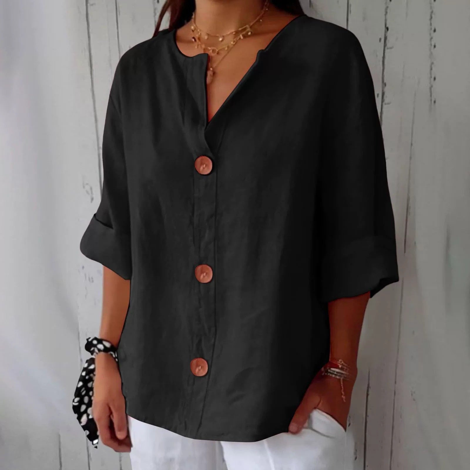 Loose Comfort And Casual V-neck Cotton And Linen Button Top