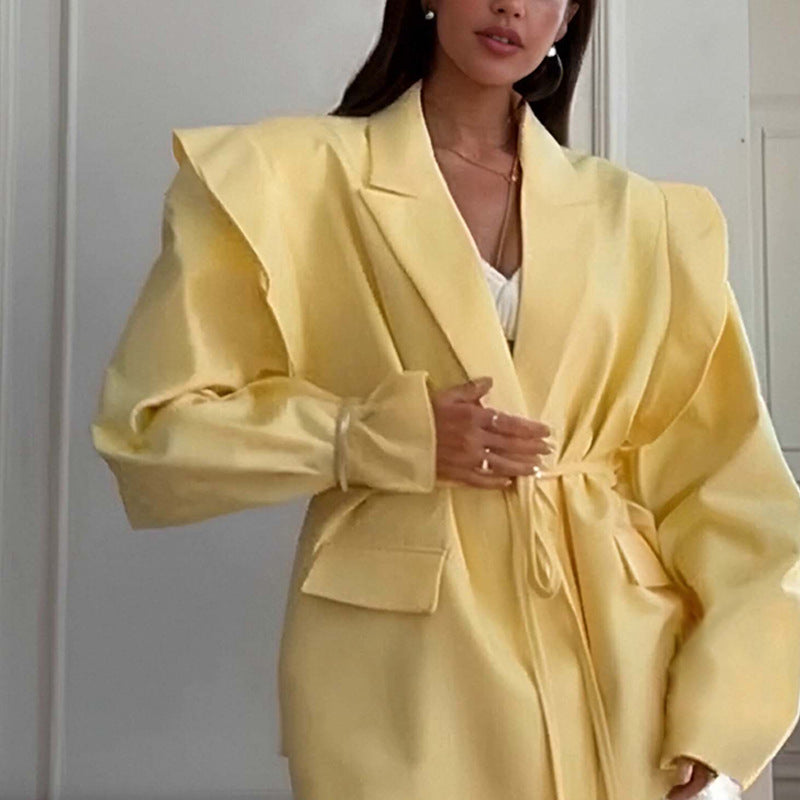 Women's Waist Tie Blazer - Elegant Business Casual Solid Color Jacket For Fall Winter Office