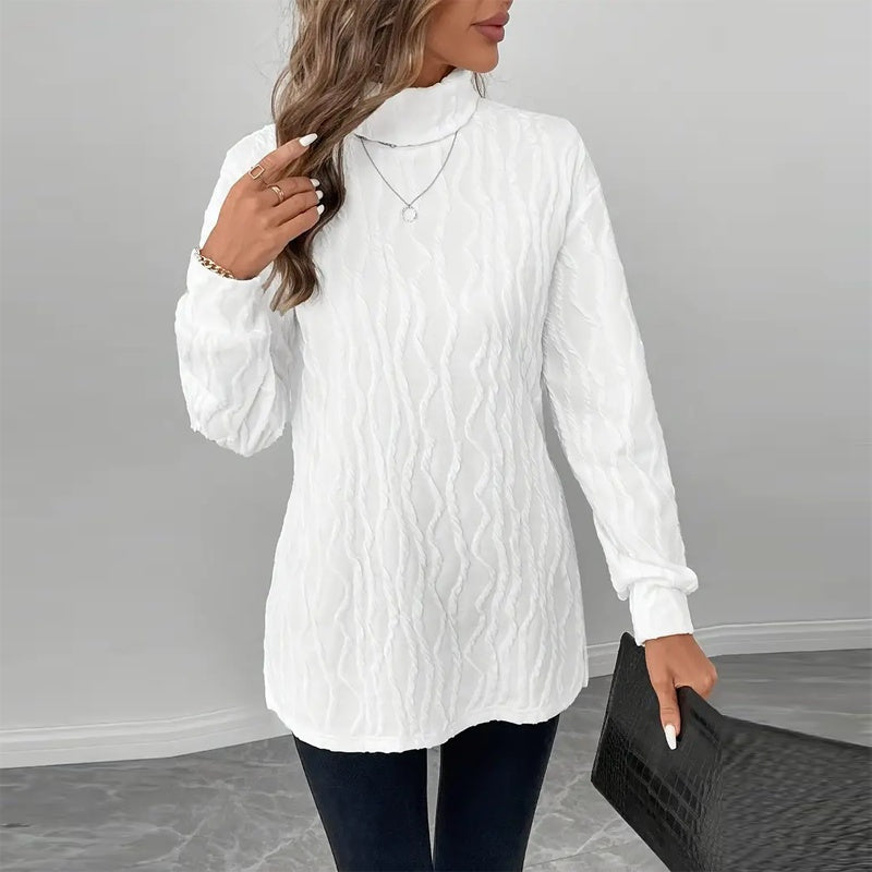 Women's Elegant Turtleneck Sweater, Solid Color Long Sleeve Knit Top With Slit Hem For Spring Fall Wear