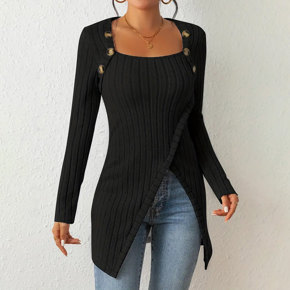 Elegant Women's Solid Color Slim-Fit Long Sleeve Top - Square Neck & Button Detail With Asymmetric Hem, Casual Fall&Spring Blouse
