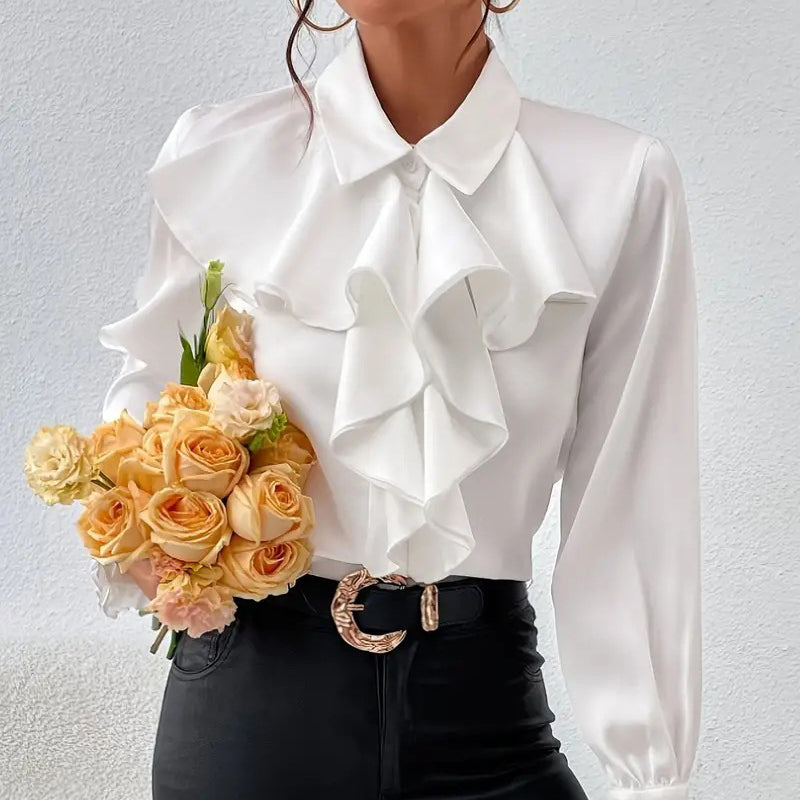 Women's Ruffled Collared Blouse, Long Sleeve Dressy Casual Shirt, Fall Business Casual Work Tops