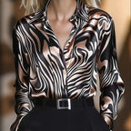 Women's Abstract Print Button Down Shirt, V-Neck Collared Blouse, Dressy Casual Long Sleeve Tops