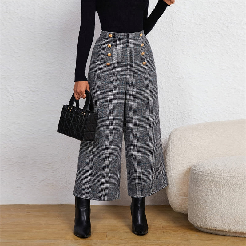 Women's Spring Fashion Plaid Wide-Leg Ninth Pants With Double-Breasted Decoration For Daily Office Wear