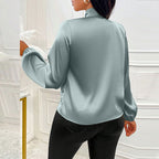 Women's Elegant Satin Blouse With Tie Neck, Ruffle Detail Long Sleeve Pullover For Spring And Fall Formal Wear