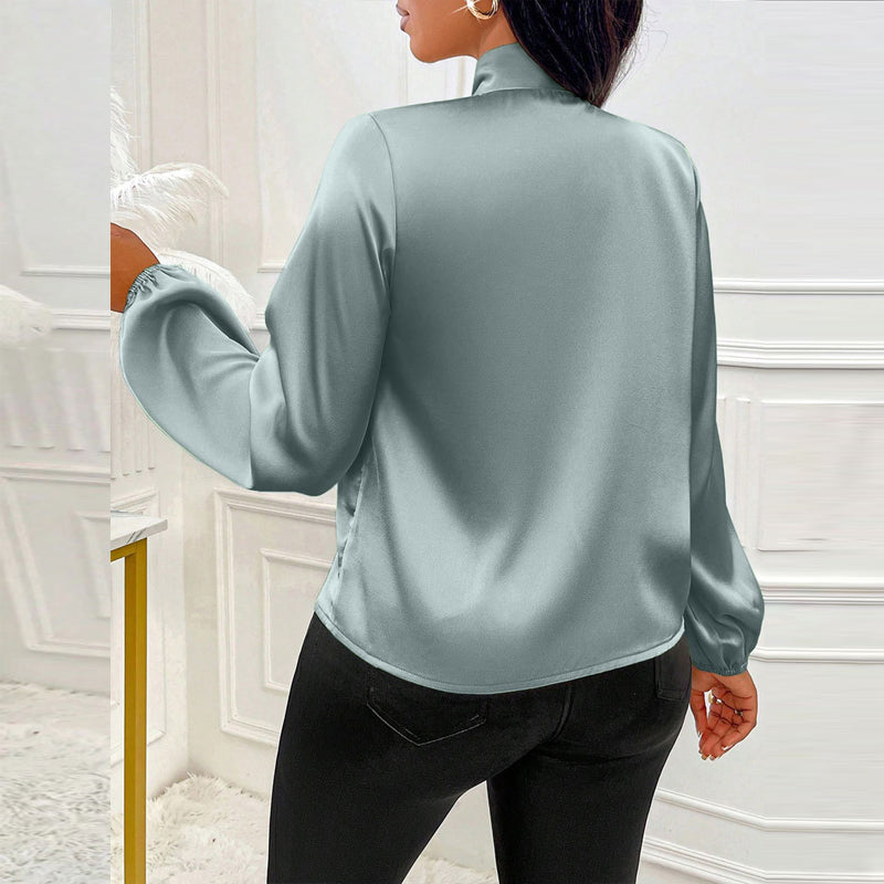 Women's Elegant Satin Blouse With Tie Neck, Ruffle Detail Long Sleeve Pullover For Spring And Fall Formal Wear