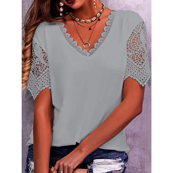Lace Paneled Loose V-Neck Short Sleeves For Women