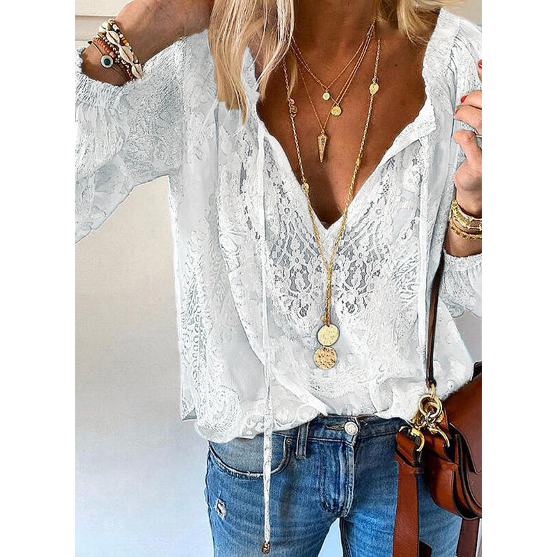Women's Floral Embroidered Mesh Lace Blouse, Long Sleeve Boho Top, Casual Dressy Shirt