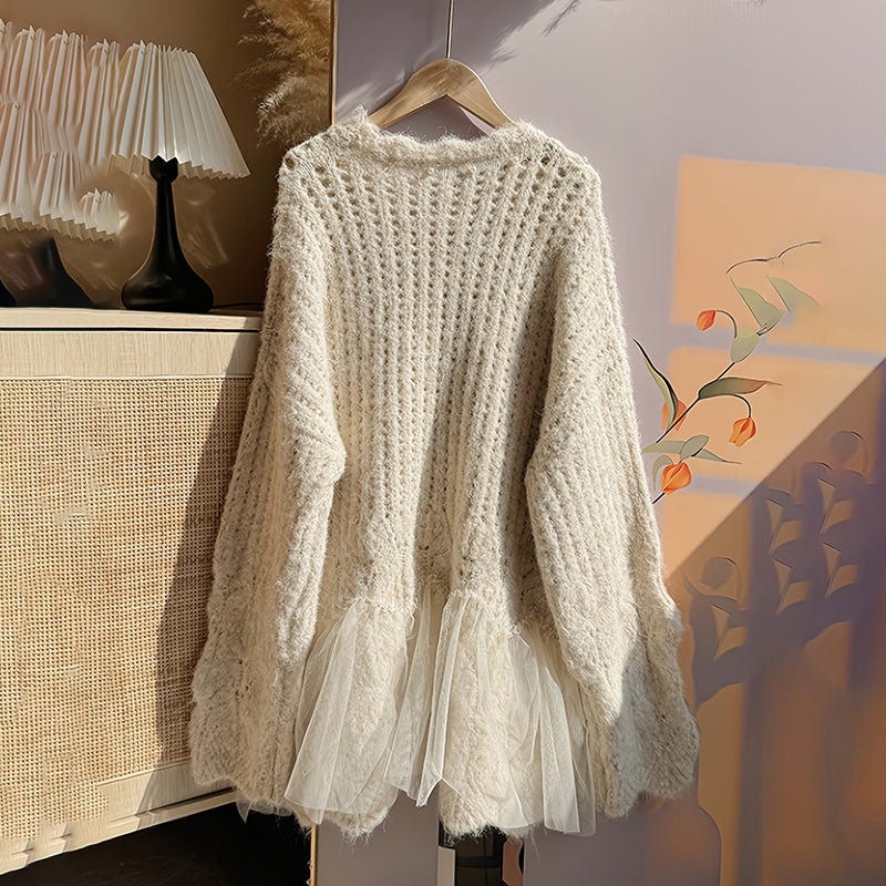 Plus Size Women's Solid Color Round Neck Long Sleeve Sweater Elegant Loose Fit With 3D Flowers And Lace Decoration