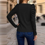 Women's Elegant Puff Sleeve Top, Ruffle Detail Long Sleeve Knit Blouse For Autumn And Winter