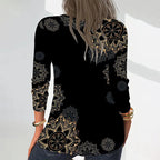 Women's Elegant Floral Print V-Neck Long Sleeve T-Shirt With Zip Detail - Slim Fit Casual Top For Spring&Fall