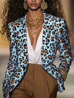 Women's Pink Leopard Blazer Long Sleeve Button Front Notch Lapel Jacket For Casual Office Work Wear
