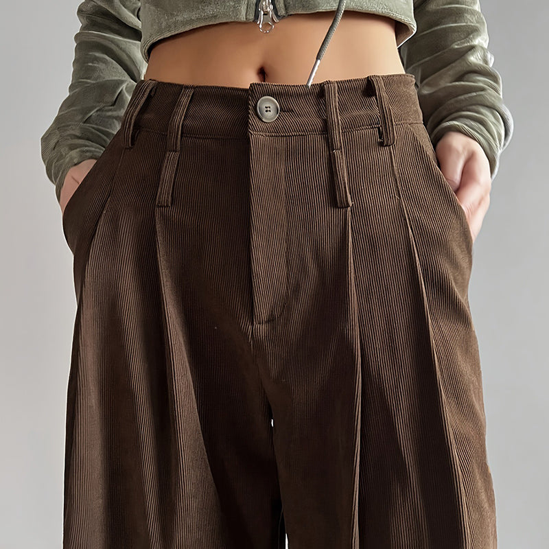 Women's Solid Color High-Waisted Pleated Pants, Wide Leg Trousers With Pockets For Casual Spring And Fall Wear