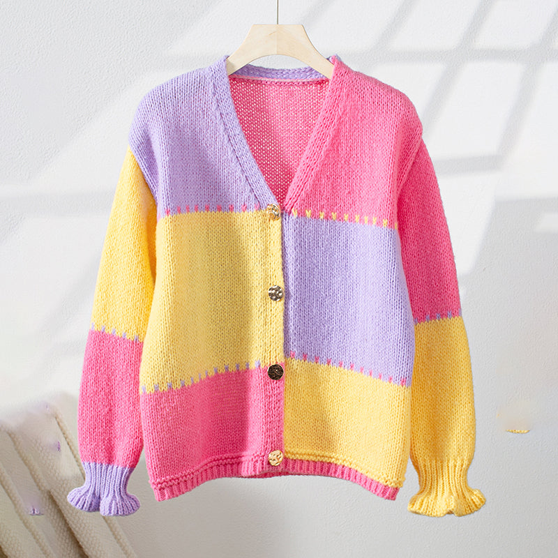 Women's Color Block V Neck Button Front Knit Cardigan Sweater Outerwear