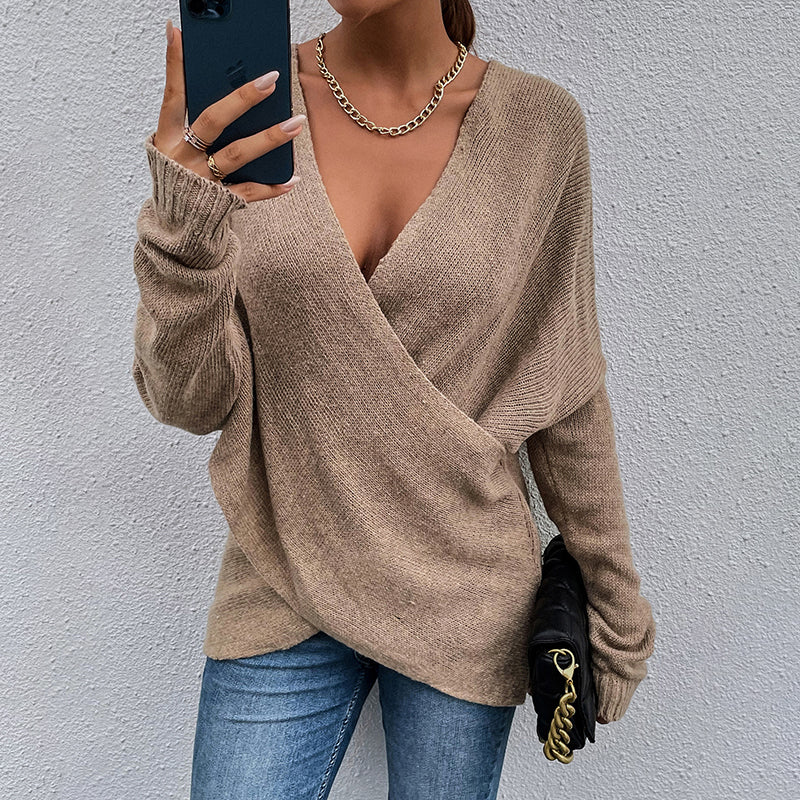 Women's Criss Cross V-Neck Sweater - 2025 Fall Long Sleeve Casual Pullover Top