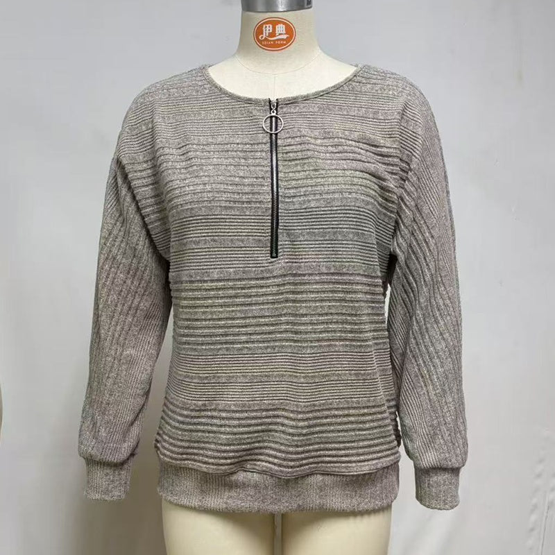 Women's Elegant Batwing Sleeve Half-Zip Top, Ribbed Texture Pullover For Casual To Formal Autumn Winter Wear