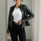 Women's Solid Color Long Sleeve Stand Collar Faux Leather Blazer - Single Button Zippered Jacket For Fall&Winter