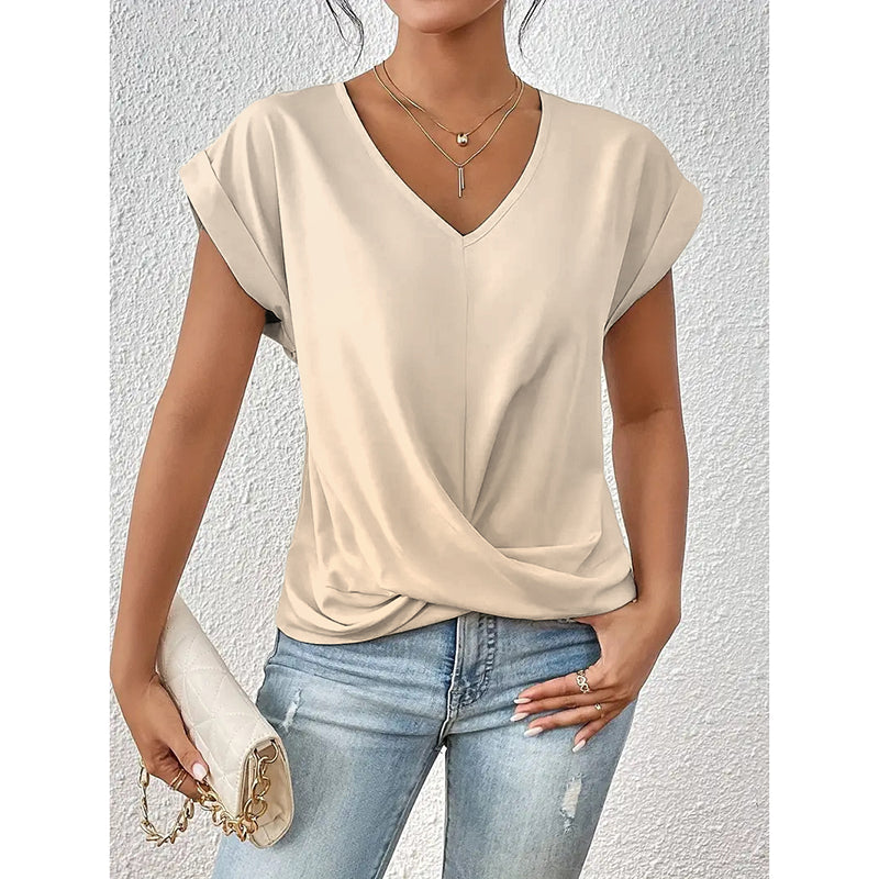 Women's Comfy Casual Summer Tops Short Sleeve V Neck Blouses T Shirts Twist Knot Basic Tees