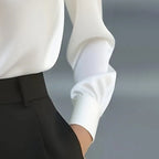 Women's Elegant Solid Color Satin Ruffle Blouse, V-Neck Long Sleeve Shirt For Daily Wear And Dates