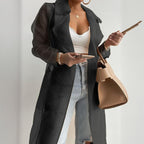 Women's Solid Color Half Sheer Long Sleeve Cardigan With Buttons & Belt - Lightweight Cover-Up For Summer