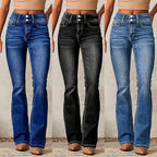 Skinny Flared Jeans With Pockets Fashion Button Zipper Trousers Women's Slim Denim Pants