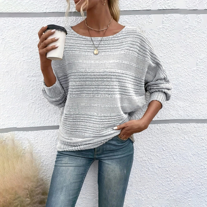 Women's Textured Round Neck Long Sleeve Top - Casual Solid Pullover For Spring & Fall