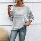 Women's Textured Round Neck Long Sleeve Top - Casual Solid Pullover For Spring & Fall