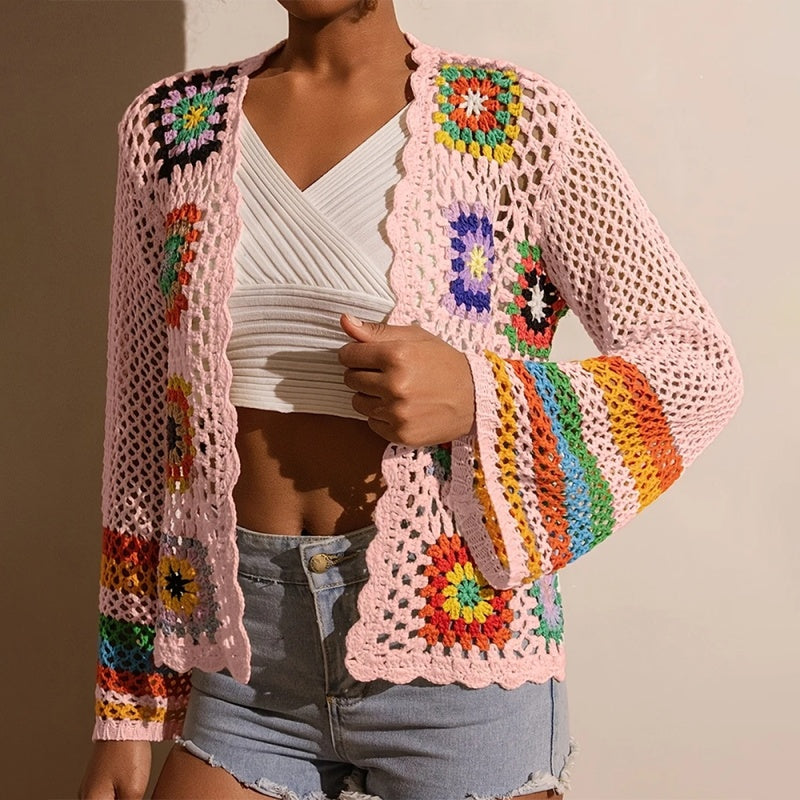 Women's Elegant Crochet Cardigan - Long Sleeve Open Front Vibrant Color Block Coat