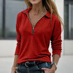 Women's Solid Color Knit Zip-Up Collar Long Sleeve Top - Casual Fashion Blouse For Spring&Fall