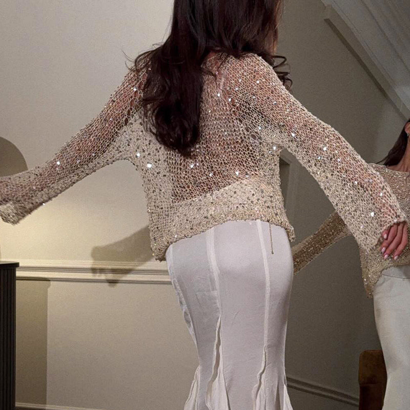 Women's Sequin Mesh Top - Long Sleeve Sheer See Through Sexy Blouse