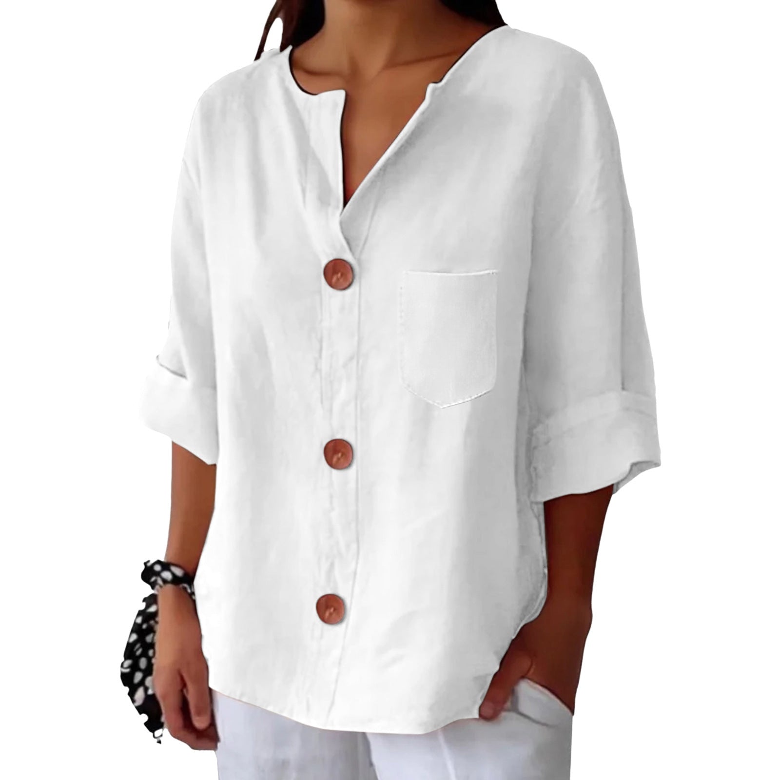 New Style Loose T-shirt For Women With V-neck, Made Of Cotton And Linen, Buttoned Top.