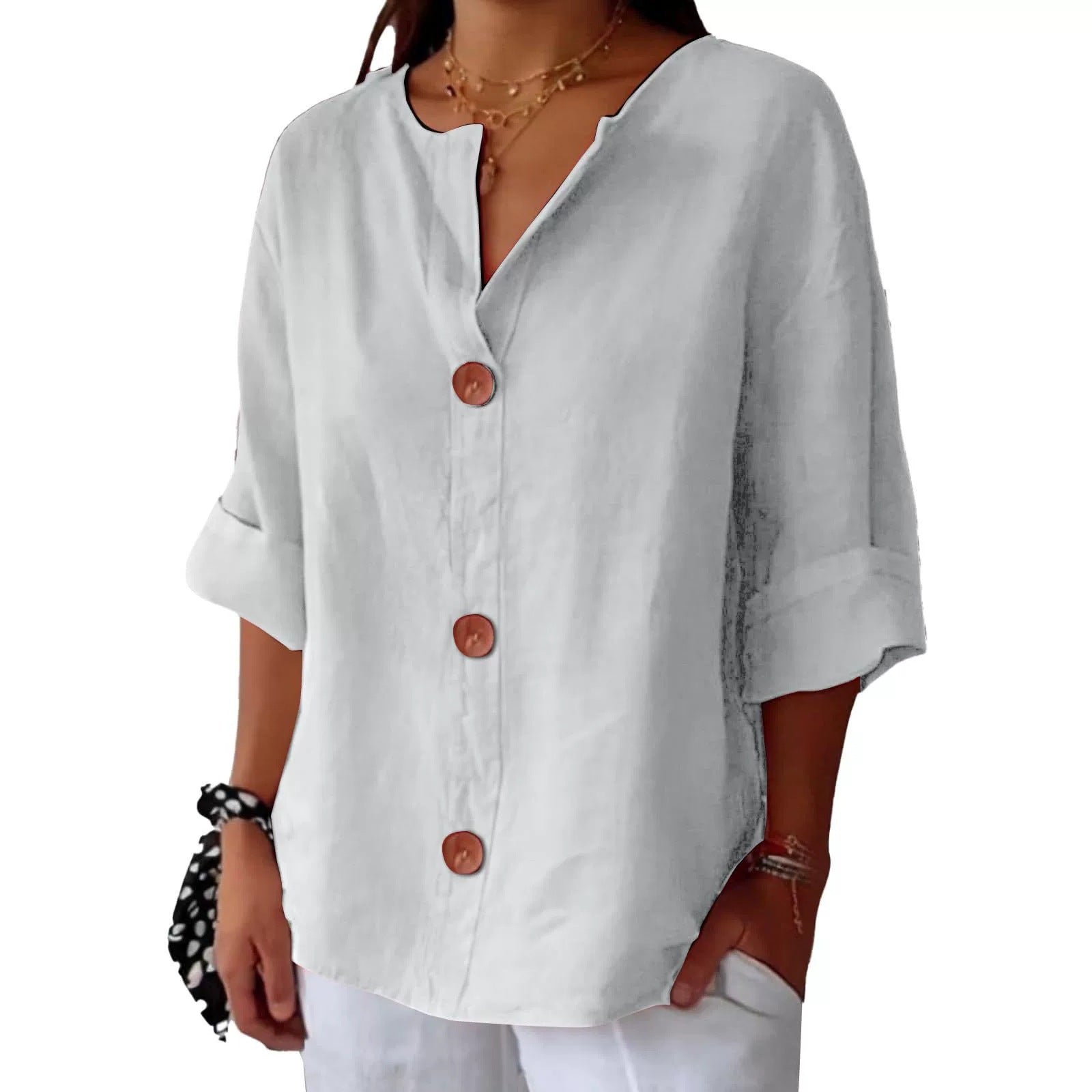 Loose Comfort And Casual V-neck Cotton And Linen Button Top