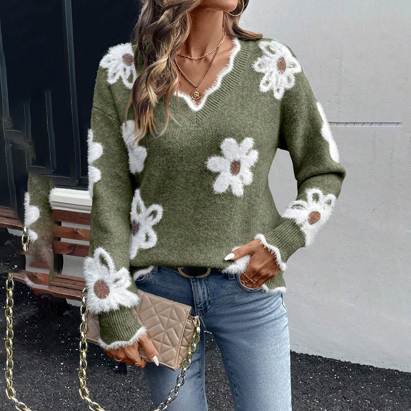 Women's Fall Floral Pattern V-Neck Sweater, Long Sleeve Pullover With Scallop Trim Casual Dressy Top