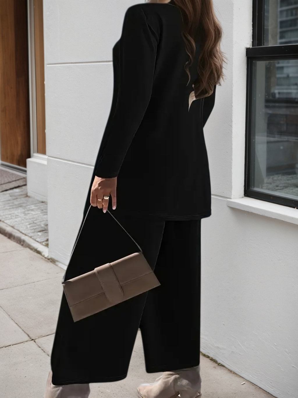 2025 New Elegant Women's Solid Color Two-piece Set, Round Neck Top And Wide Leg Pants, Casual Women's Clothing For Spring, Summer, Autumn And Winter