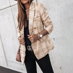 Women's Elegant Checkered Long Sleeve Blazer - Double-Breasted Printed Trench Coat For Fall&Winter, Office & Casual Jacket