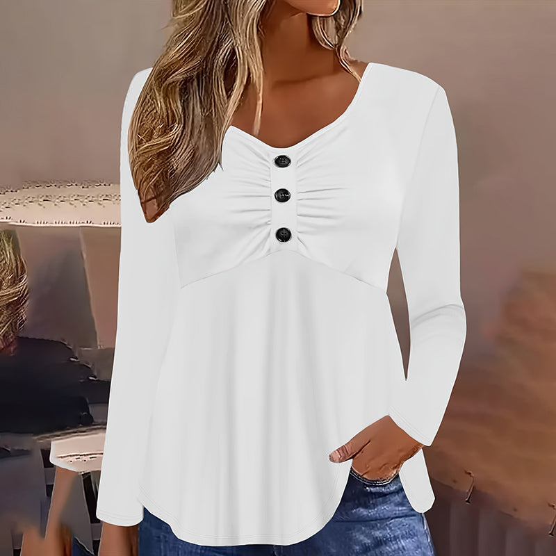 Plus Size V-Neck Tunic Top - Loose Fit Casual Blouse With Button Detail & Pleats For Spring Fall