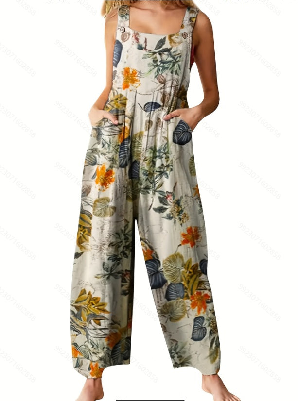 New Women's Ethnic Style Suspender Button Printing Jumpsuit