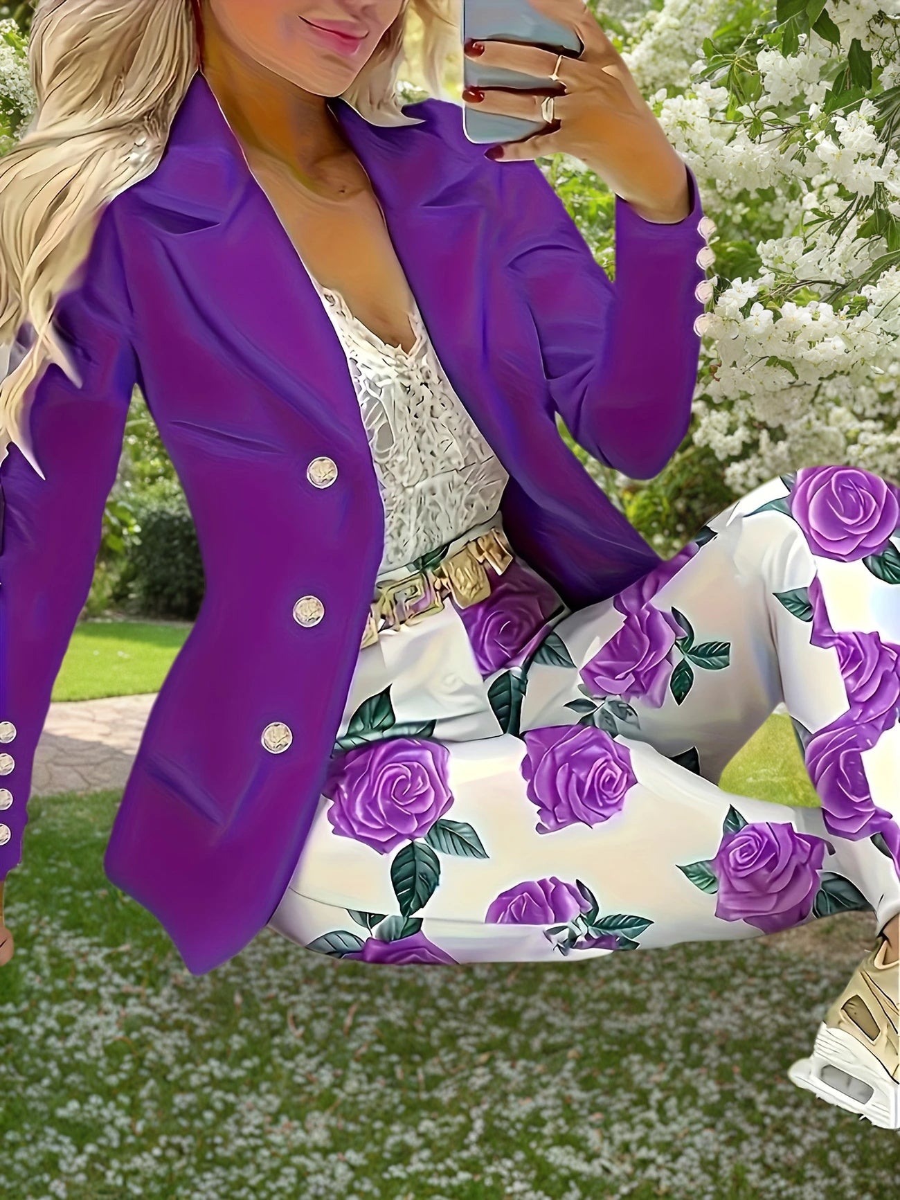 2025 New Elegant And Fashionable Casual Floral Print Set, Double Breasted Purple Suit Jacket And Floral Print High Waisted Slim Pants, Spring And Autumn Women's Clothing
