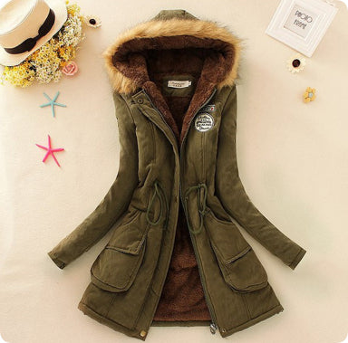 Long Women's Cotton-Padded Jacket With Wool Collar
